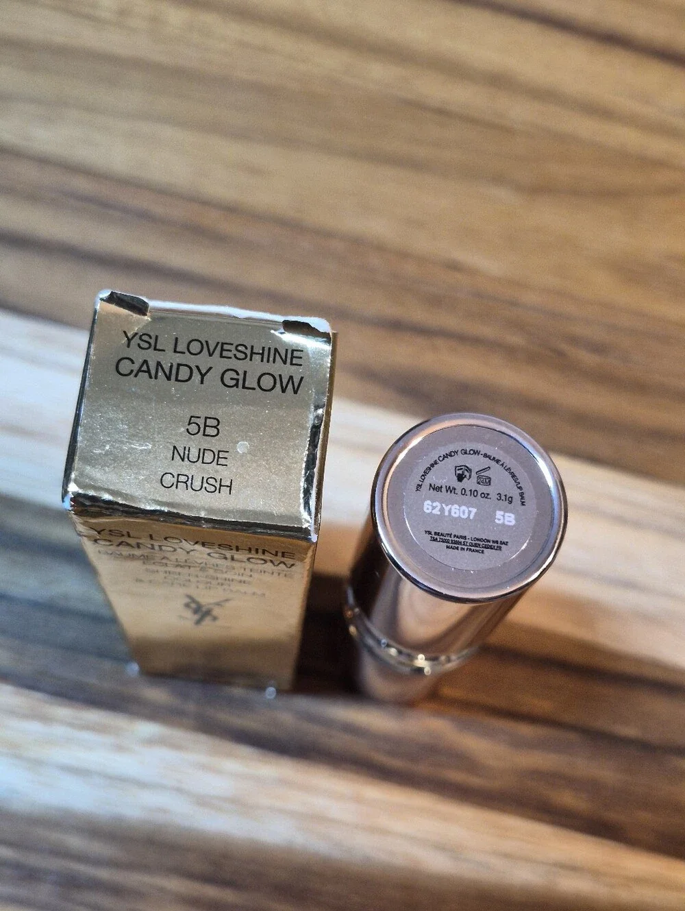 YSL Candy Glow Sheer Shine Color & Care Lip Balm: Nude Crush 5B .10oz, NIB